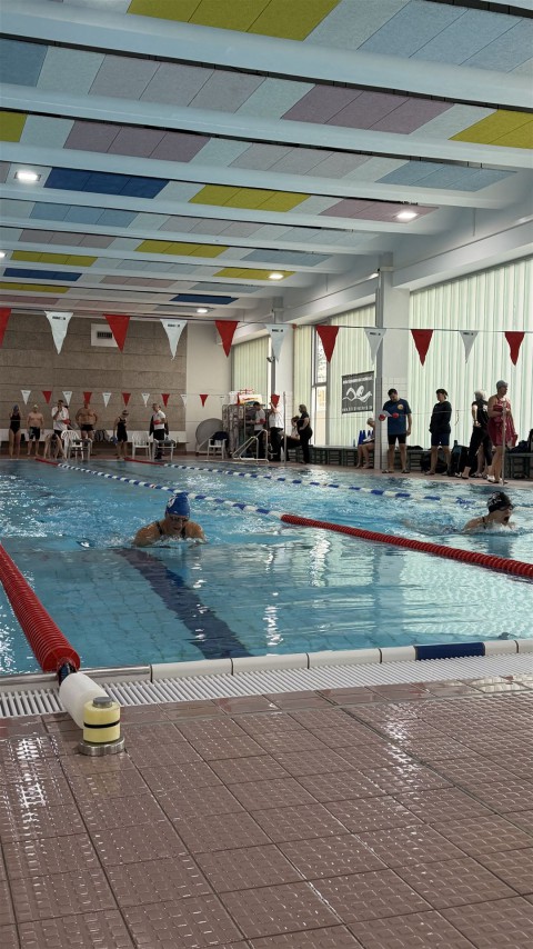 Eine große Schwimmhalle mit Menschen im Wasser und an der Seitenlinie
