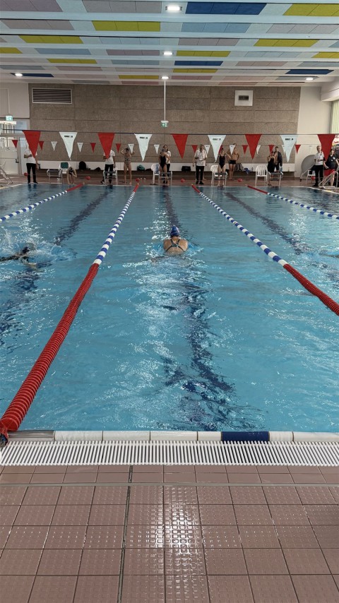Ein großes, überdachtes Schwimmbecken mit mehreren markierten Bahnen für das Training.