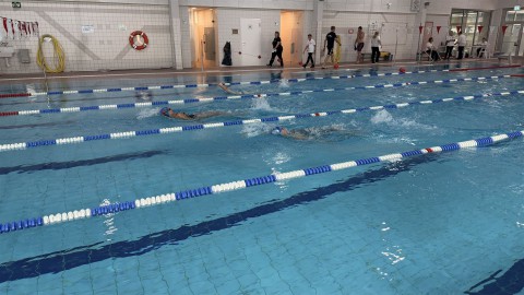 Innenansicht eines großen Schwimmbeckens mit mehreren Bahnen, auf denen verschiedene Personen schwimmen.