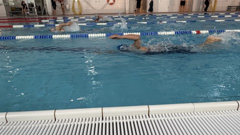 Personen schwimmen in einem großen Hallenbecken, wobei die Perspektive von der Poolkante aus aufgenommen wurde.